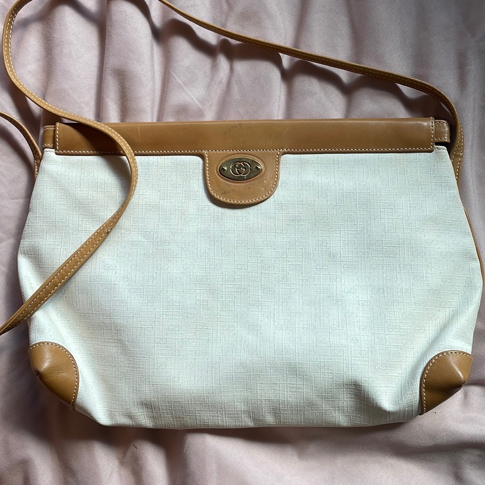 Vintage GUCCI beige leather and creme canvas crossbody bag purse